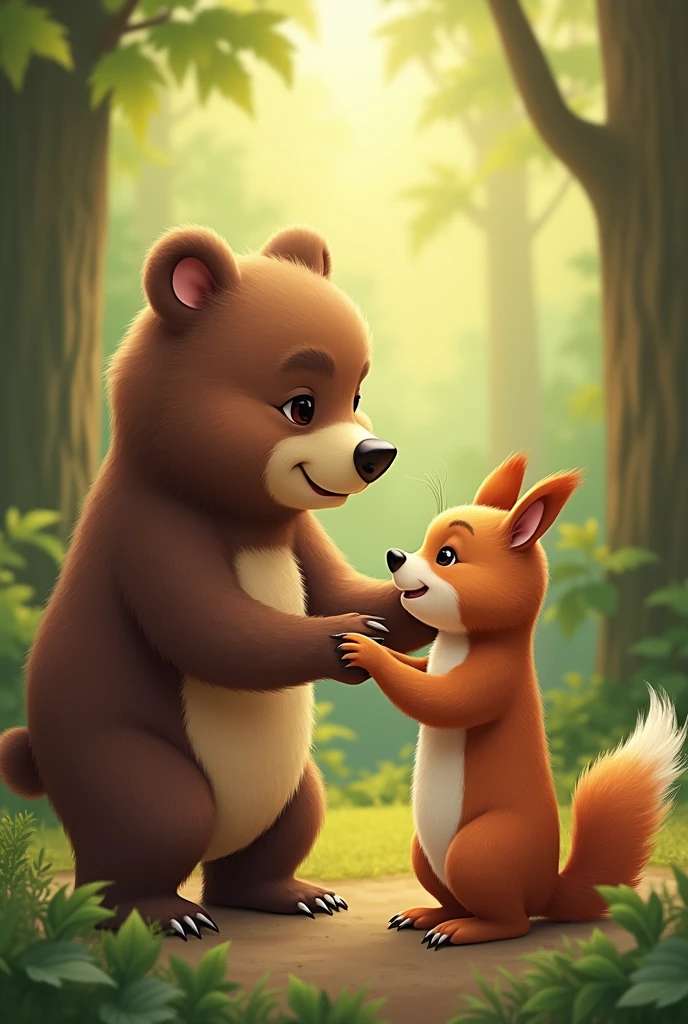 Bear and Squirrel sharing a friendly handshake or a warm hug.