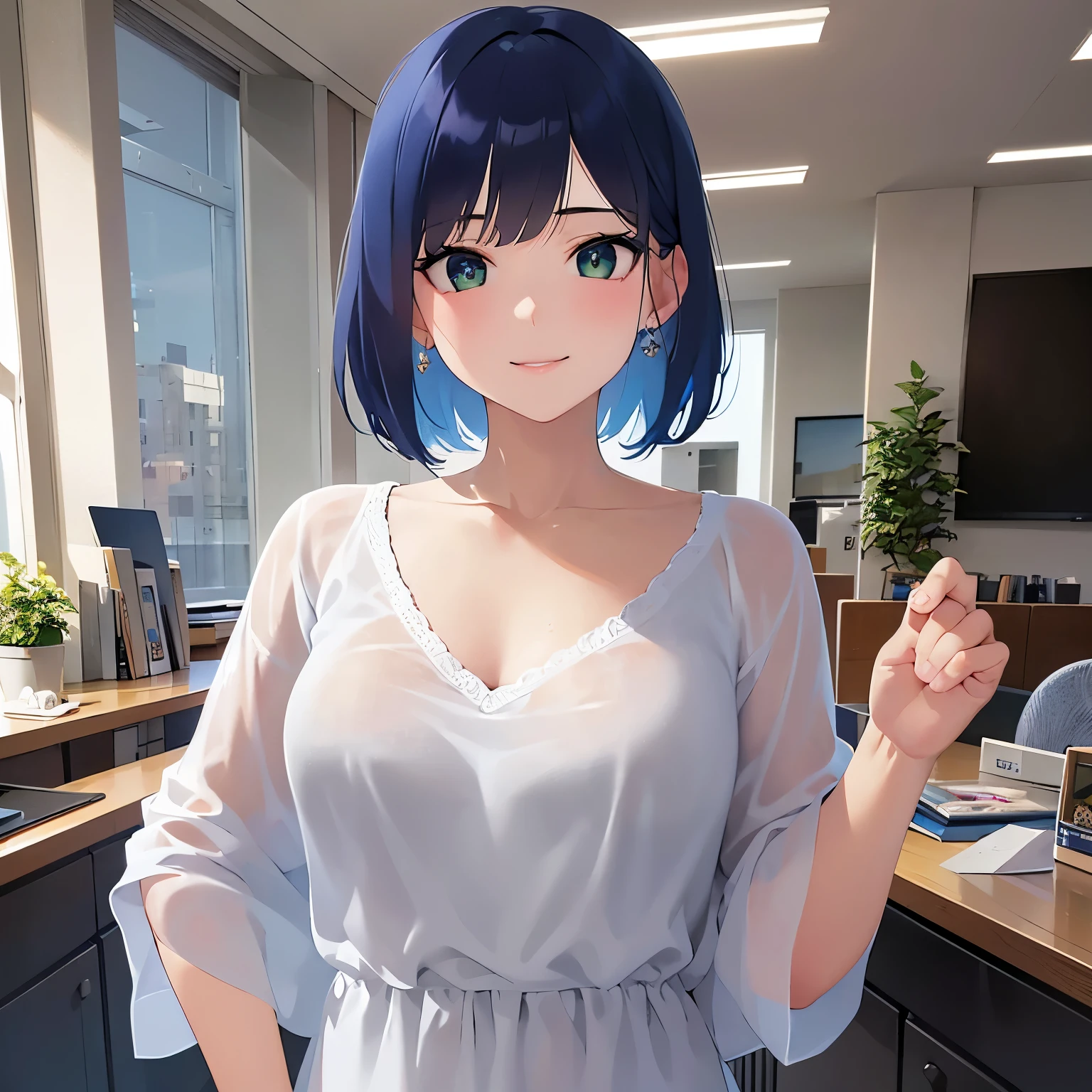 pointing, Biologically correct five fingers、Upper Body, Realistic, real person, (pale skin: 1.2), RAW photo, photorealistic, shiny skin, shiny hair、(A 2 woman with a bob cut and bangs) and (wavy hair) and (Blue Hair) and (green eyes) , Wearing a white blouse 、smile, Background in the office、Alone、Are standing
