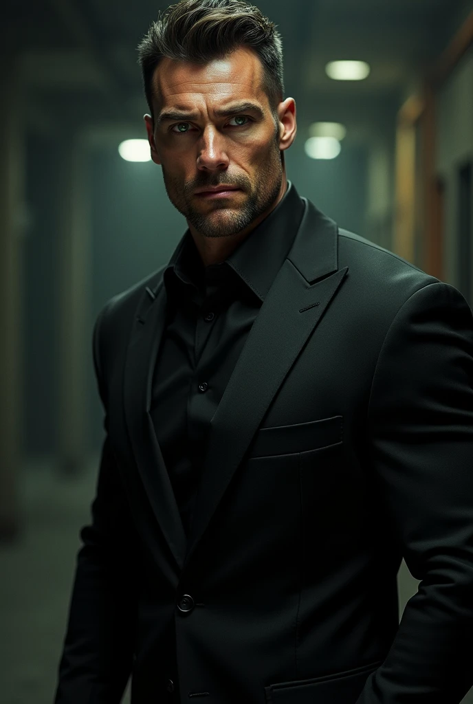 肌肉男, Black Suit, piercing green eyes, sideways smile