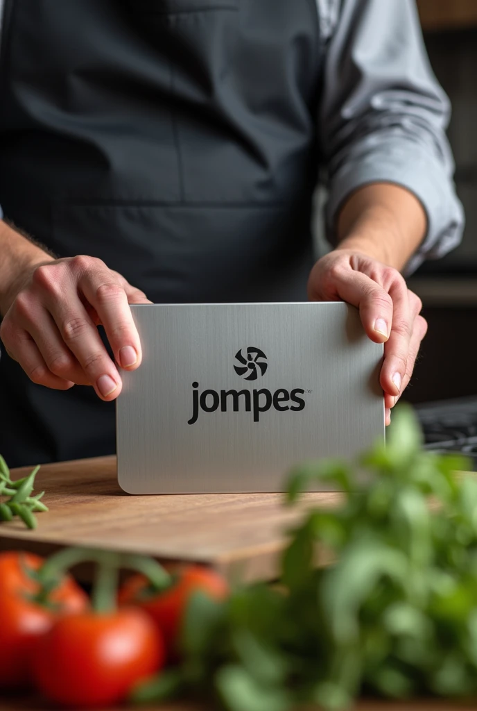 a man hold his hand a stainless steel cutting board in a table and this cutting board printed a logo "Jompes".