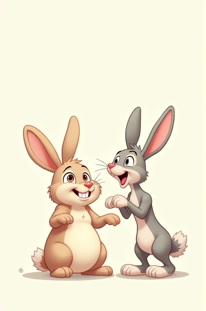 draw a funny bunny, is sitting , smiles and looks at the funny hare standing next to him