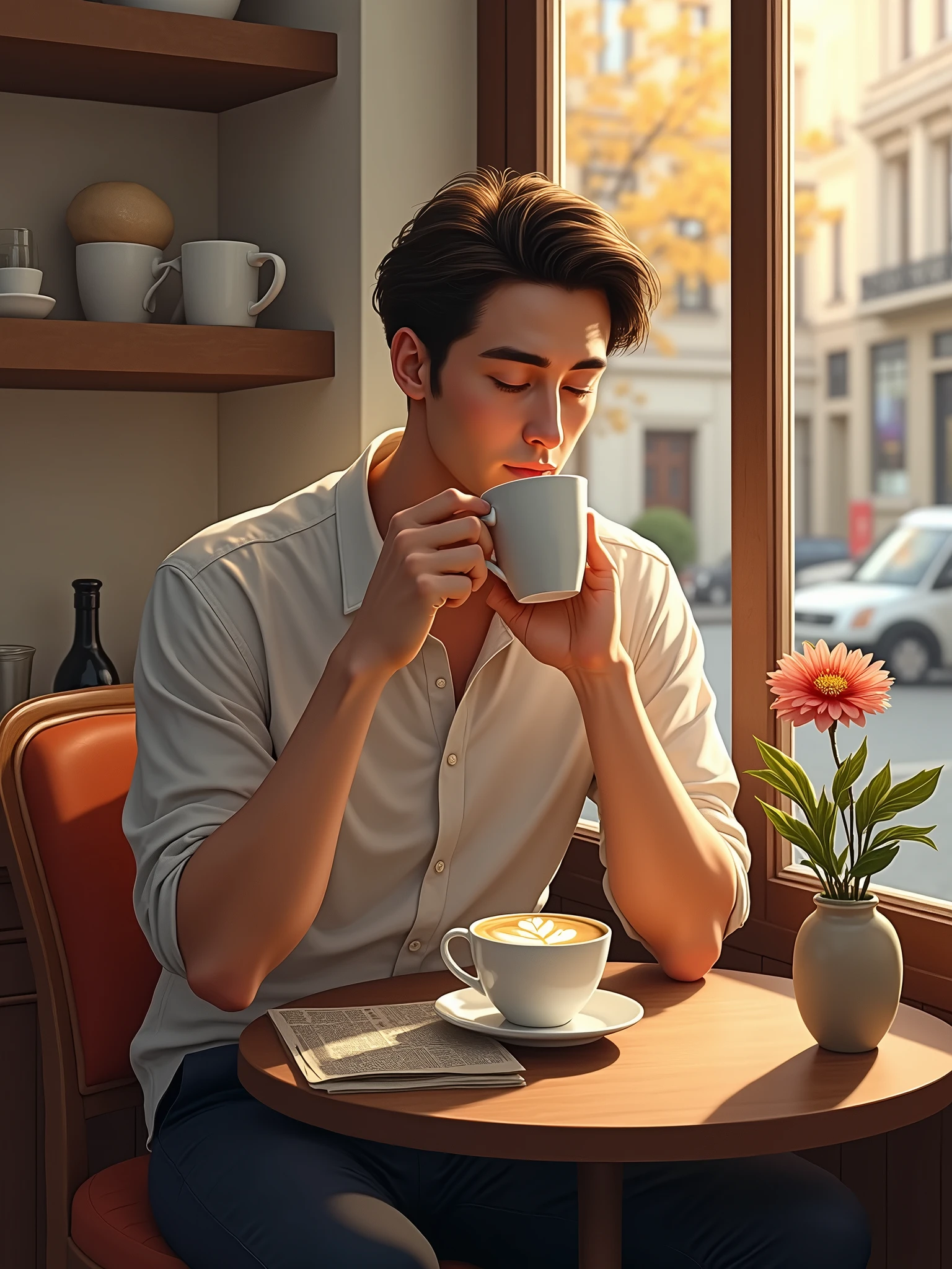A man drinks coffee in a cafe