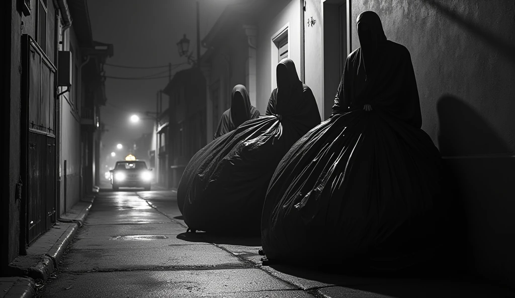 Black and white image, high quality, hyperreal, 3 very dark and malicious ghostly and creepy shadows crouching and hiding behind 10 large black bags full of garbage, leaning against the wall of a house, at the entrance to a long, unlit alley at night, where a taxi is entering. Very scary image. 