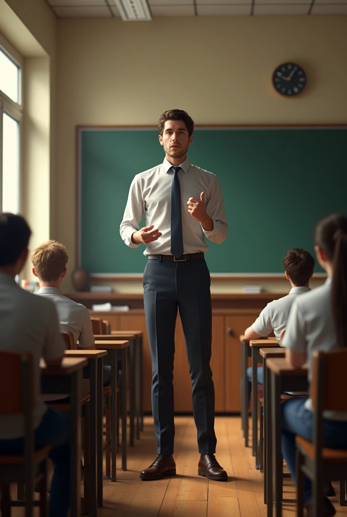 A tall, fair-skinned, thin, brown-haired male teacher.
