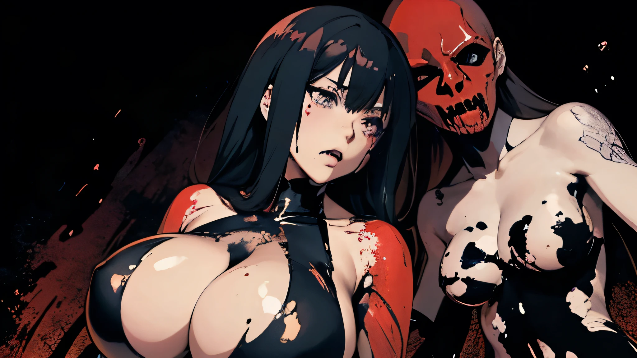  simple background, monochrome, horror (theme) there is a broken picture, black paint splatted, red blood splatted, smoked, red blood  (((anime girl character))), big boobies, wearing a mask