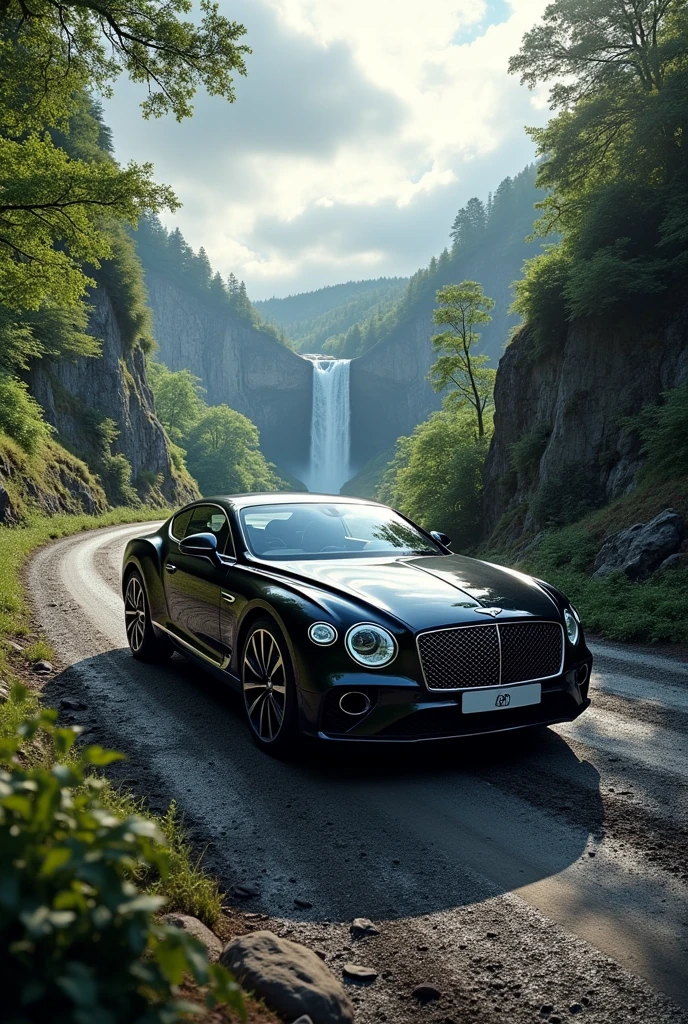 Black Bentley car on heavy Road, sky, green tree waterfall