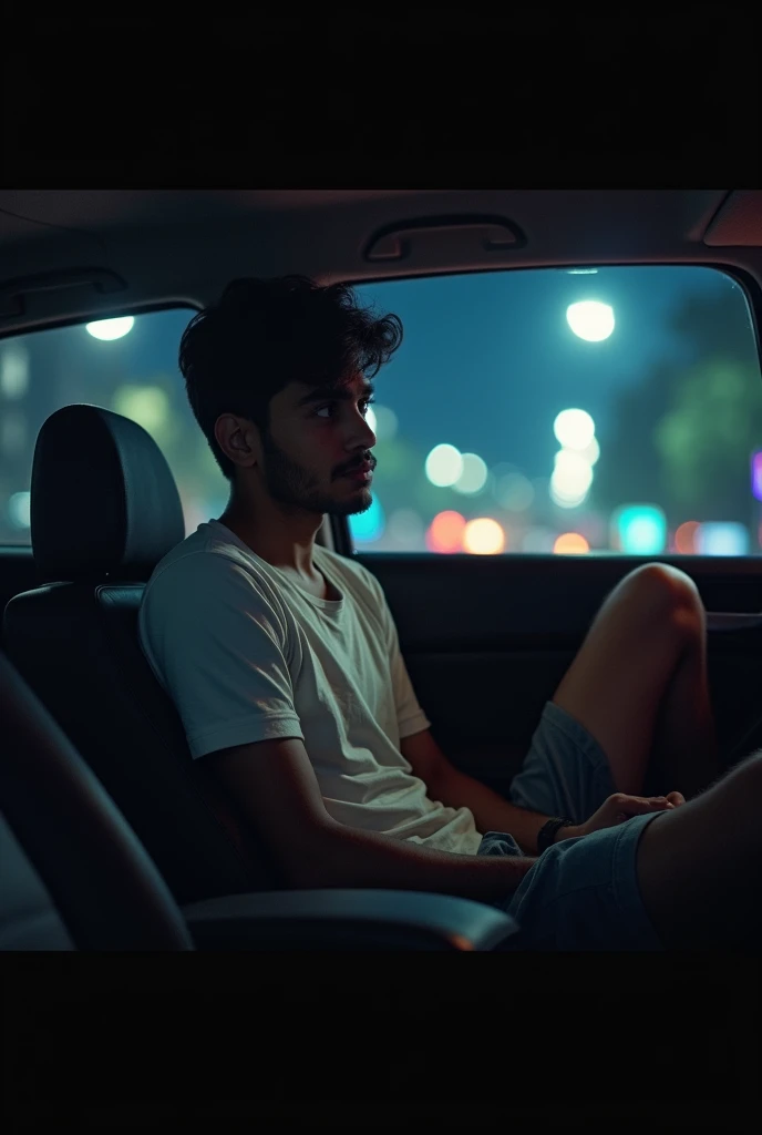 Indian 20 year old boy wears tshirt and shorts sitting on back seat of the car, at night, back seat of the car