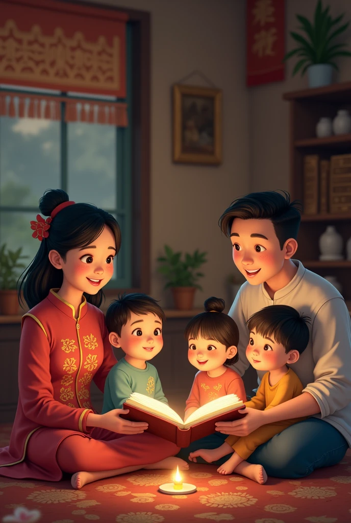 a chinese woan,a filipino man with 3 kids telling stories