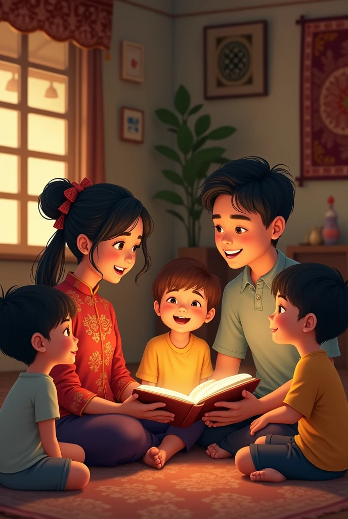 a chinese woan,a filipino man with 3 kids telling stories