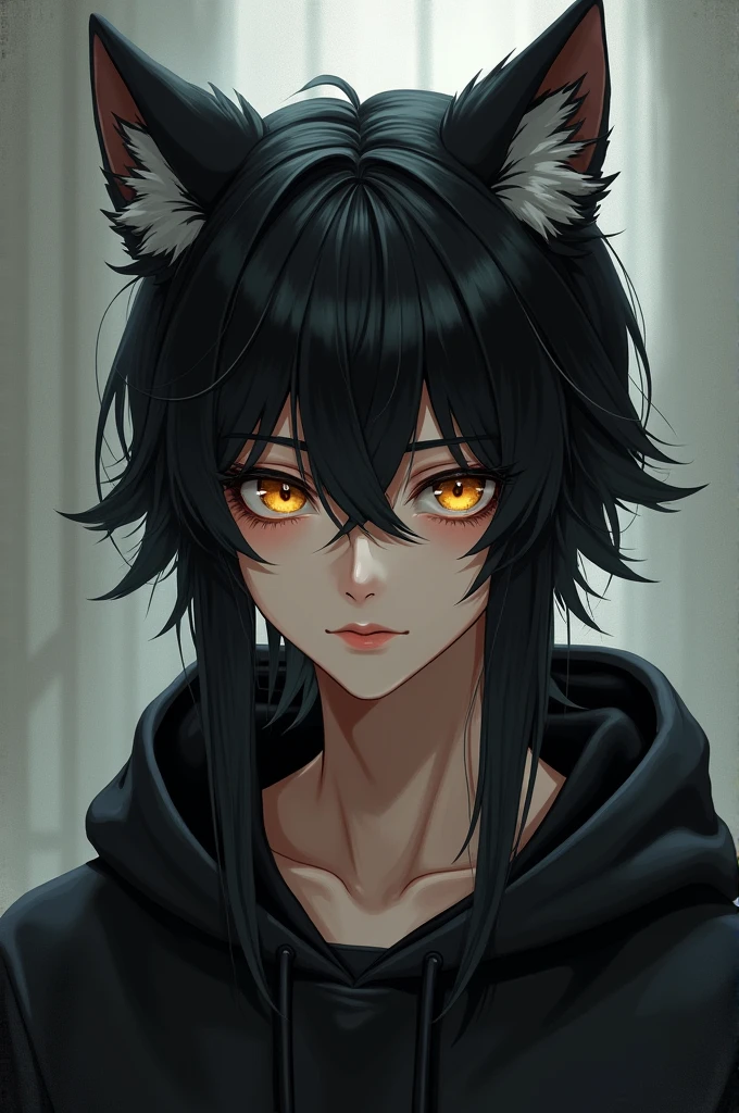 High school boy wolf motif ears straight hair long hair wolf cut black hair beautiful golden eyes hooded sweatshirt