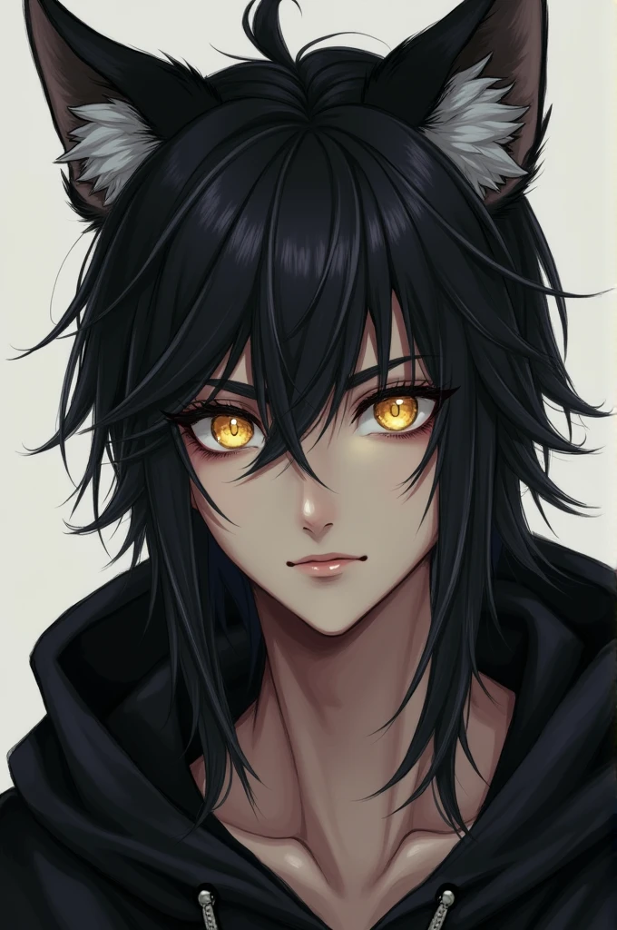 High school boy wolf motif ears straight hair long hair wolf cut black hair beautiful golden eyes hooded sweatshirt