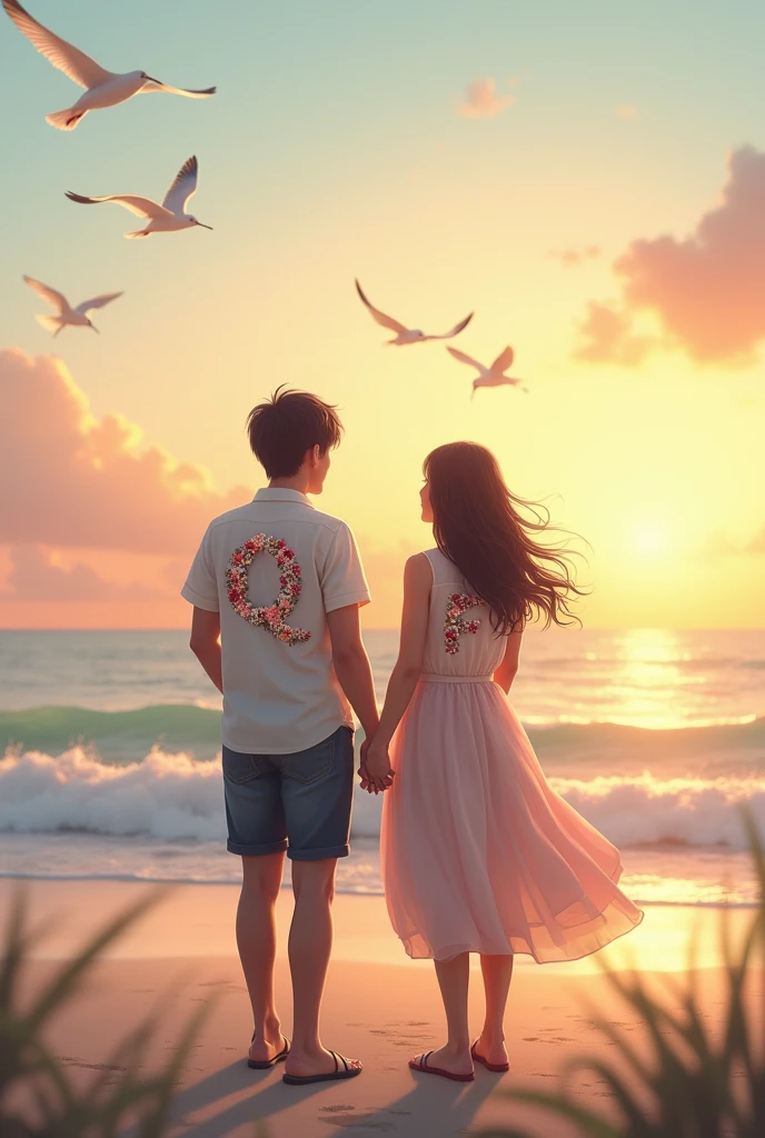 couple holding letter qand f at their shoulder written by flower at beach show only their back and birds