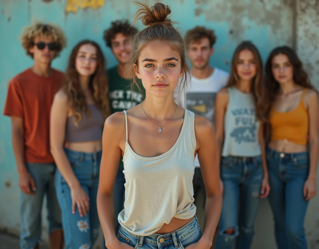 Photo of a  girl in skater fashion and her male and female friends. Everyone is wearing a tank top