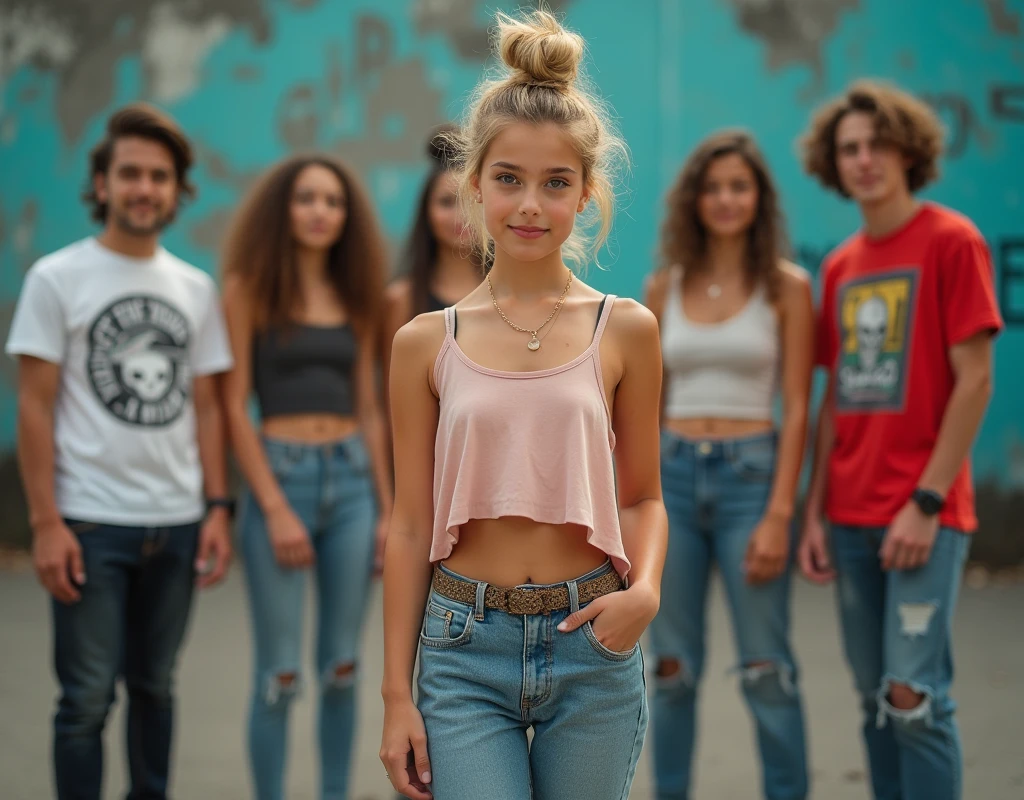 Photo of a girl in skater fashion and her male and female friends. Everyone is wearing a tank top