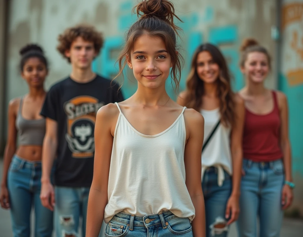 Photo of a teenage girl in skater fashion and her male and female friends. Everyone is wearing a tank top