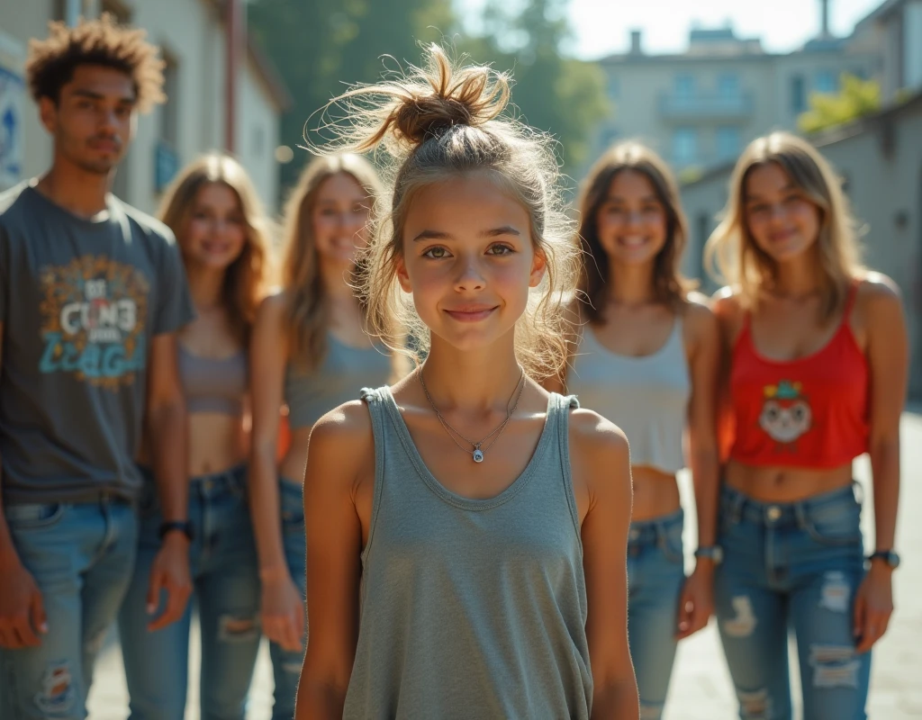 Photo of a teenage girl in skater fashion and her male and female friends. Everyone is wearing a tank top