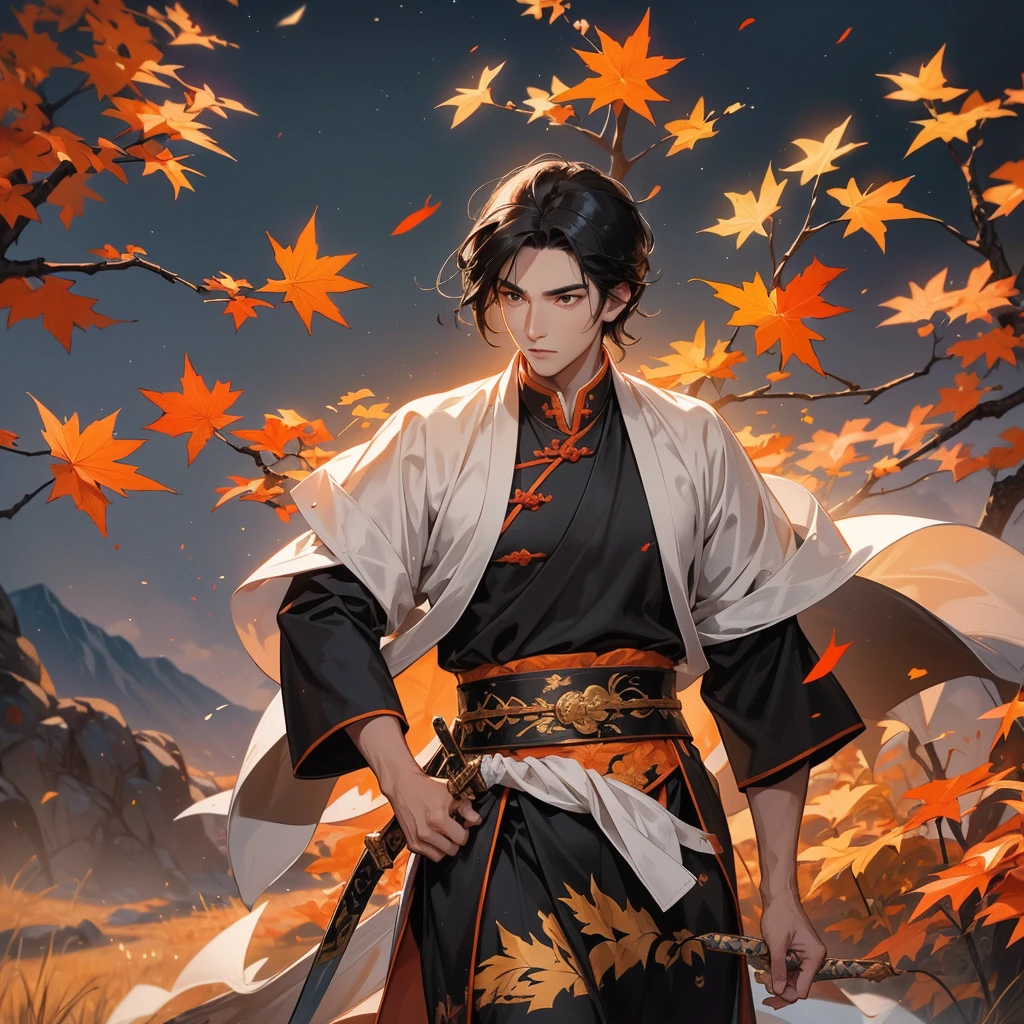 Handsome black-haired male general holding a large sword in ancient Chinese general costume, walking In the middle of a spring mountain ,the backdrop is a mountain that turns orange-red in spring, and maple leaves fall from the trees.