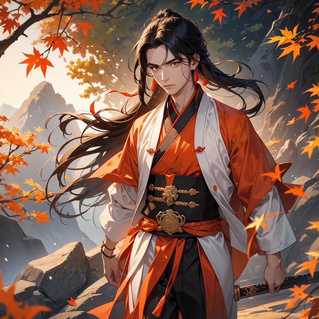 Handsome black-haired male general holding a large sword in ancient Chinese general costume, walking In the middle of a spring mountain ,the backdrop is a mountain that turns orange-red in spring, and maple leaves fall from the trees.