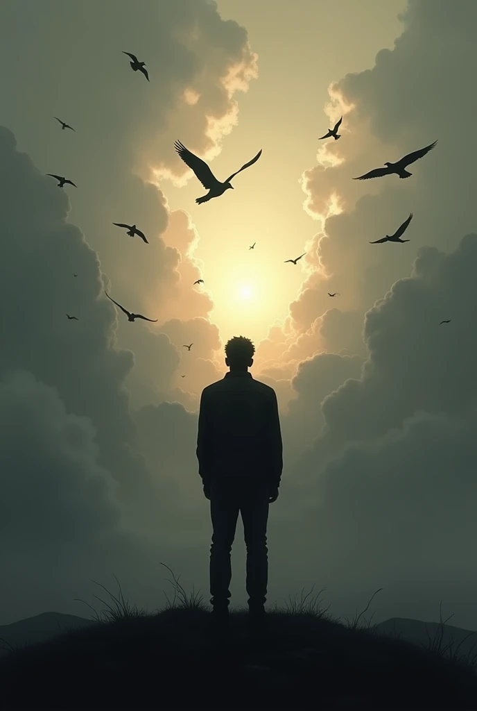 Black silhouette of a man watching the sun between clouds of a gloomy gray sky and a flock of birds flying in the sky Make the scene realistic