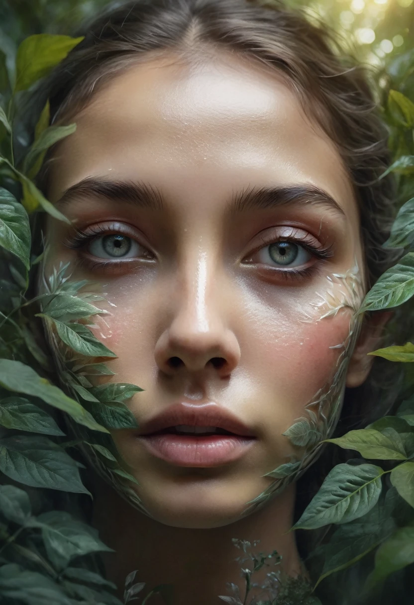 a girl with transparent skin, close-up face, mountains in jungle background, multiple exposure effect, surrealist art style illustrations, dreamlike surreal, (best quality,4k,8k,highres,masterpiece:1.2),ultra-detailed,(realistic,photorealistic,photo-realistic:1.37),beautiful detailed eyes,beautiful detailed lips,extremely detailed eyes and face,longeyelashes,vibrant colors,dramatic lighting,intricate details,cinematic composition,ethereal atmosphere