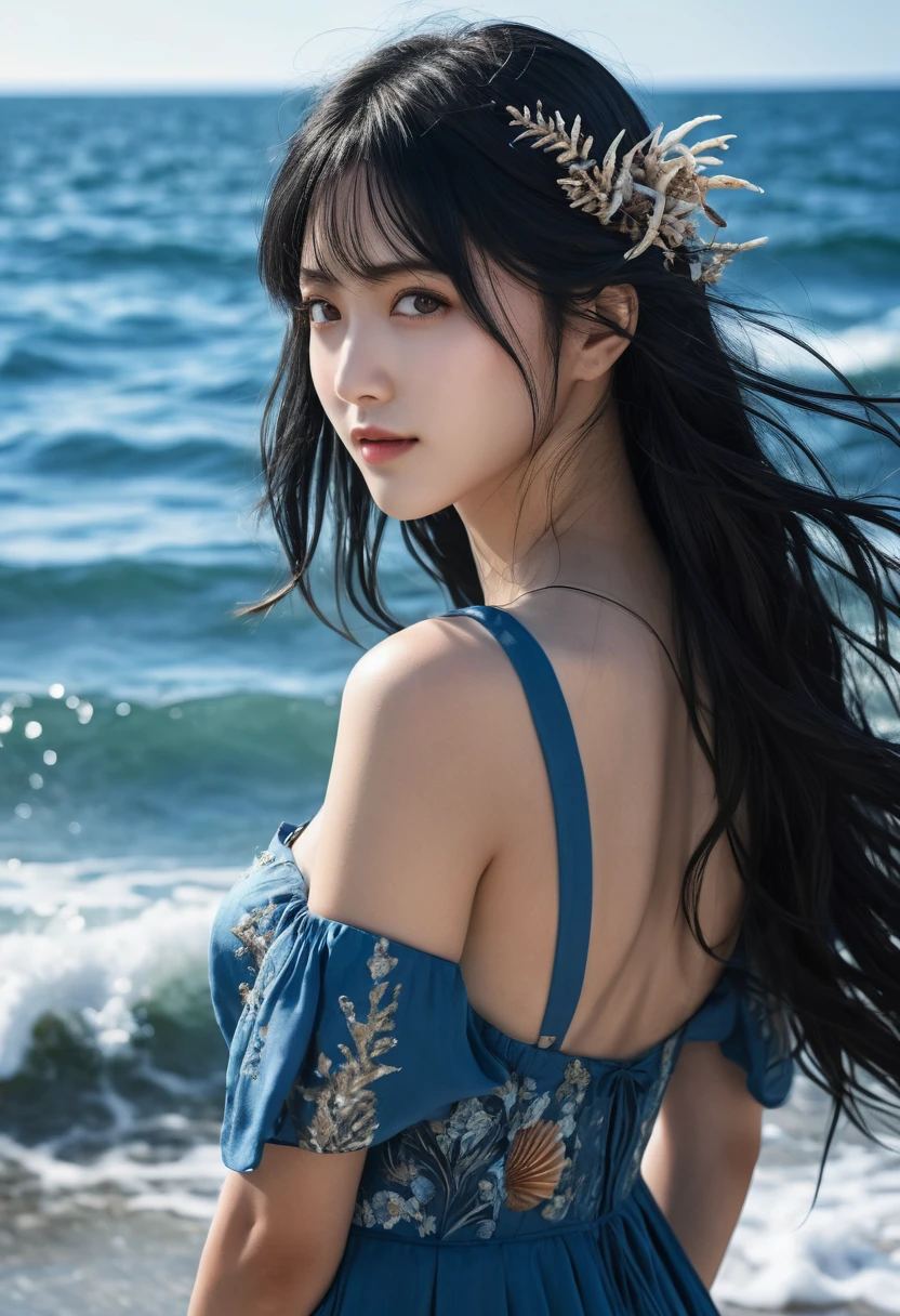 (1 character), genius extremely beautiful idol Youko, (long blue and black hair), brown eyes, beautiful face), 1 genius extremely beautiful idol girl Keiko, (long sideburns, plants, smile, long blue dress, 3d, ocean, water, blue Ball, sea shells, windy, intricate details High Quality, 8k, Realistic, Ultra-Detailed, Dramatic Lighting, Soft Focus, Digital Illustration, Intense Expression, Strong Gaze, Intense Emotion, Complex Mechanics, Advanced Technology, Dark Background, Cinematic, High Contrast, Moody, Strict, Atmosphere, (Best Quality, 4k, 8k, High Definition, Masterpiece: 1. 2 ), ultra-detailed, (realistic, graphic, photorealistic:1.37) --no glass