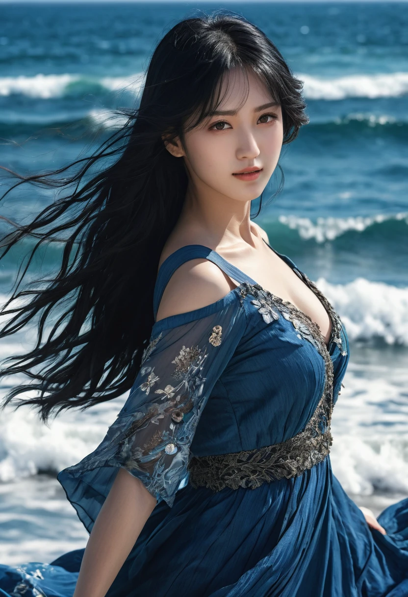 (1 character), genius extremely beautiful idol Youko, (long blue and black hair), brown eyes, beautiful face), 1 genius extremely beautiful idol girl Keiko, (long sideburns, plants, smile, long blue dress, 3d, ocean, water, blue Ball, sea shells, windy, intricate details High Quality, 8k, Realistic, Ultra-Detailed, Dramatic Lighting, Soft Focus, Digital Illustration, Intense Expression, Strong Gaze, Intense Emotion, Complex Mechanics, Advanced Technology, Dark Background, Cinematic, High Contrast, Moody, Strict, Atmosphere, (Best Quality, 4k, 8k, High Definition, Masterpiece: 1. 2 ), ultra-detailed, (realistic, graphic, photorealistic:1.37) --no glass