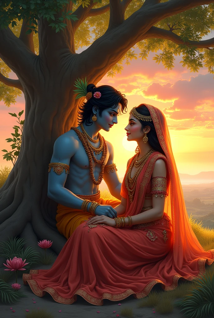 Lord krishna and Radha Image In sunset Seating In beside treee with smile faces