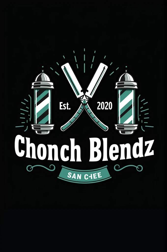 Create a flat vector, illustrative-style emblem logo design for a San Diego barber 'ChonchBlendz' established in 2020 , featuring barber poles , modern straight razors crossed in the center of the company name. Use bright green, blue, grey and white colors to convey trust, premium service and a luxury experience against a black background. English Writing established 2020