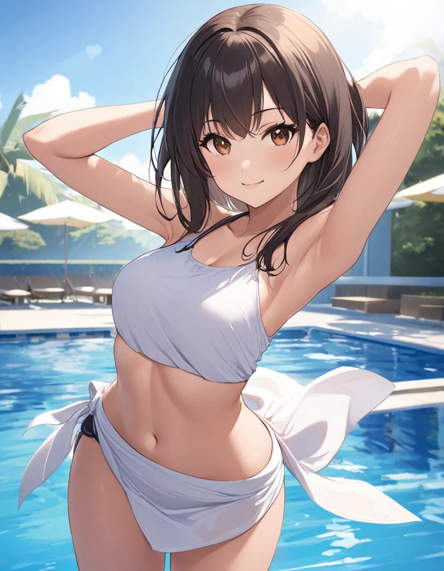 Girl, cute, adorable, smiling, straight hair, long hair, black hair, brown eyes, standing, (right arm up behind:1.2), (shows armpit:1.2), (left　arm Lower waist:1.2), Swayback stance, looking at the camera, From the front, from thighs to head, pool, daylight,Sarong-pass