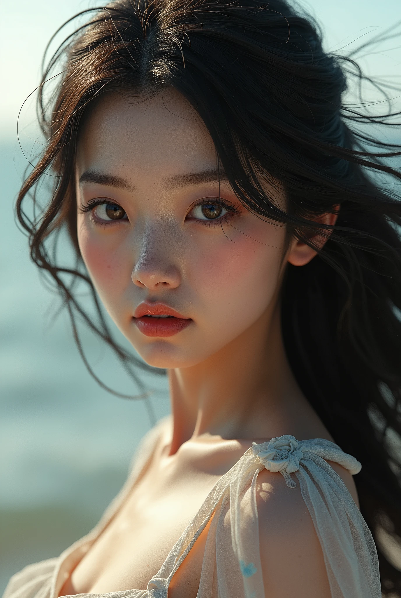 (masterpiece,best quality:1.4),(8k,raw photo,photo realistic:1.2),shiny skin,detailed skin,detailed face,detailed eyes,Detailed hands,Detailed Background、1girl,Japanese idol,(beautiful face),(Shining Eyes:1.1),、、Symmetrical eyes、、Great background、Great location、((Cute Costumes))、(Detailed and very cute,,Junior idol,)、Sexy swimmer,Hair flying in the strong wind,Full body portrait,,Mysterious,Charming,nswf,sexy Instagram style