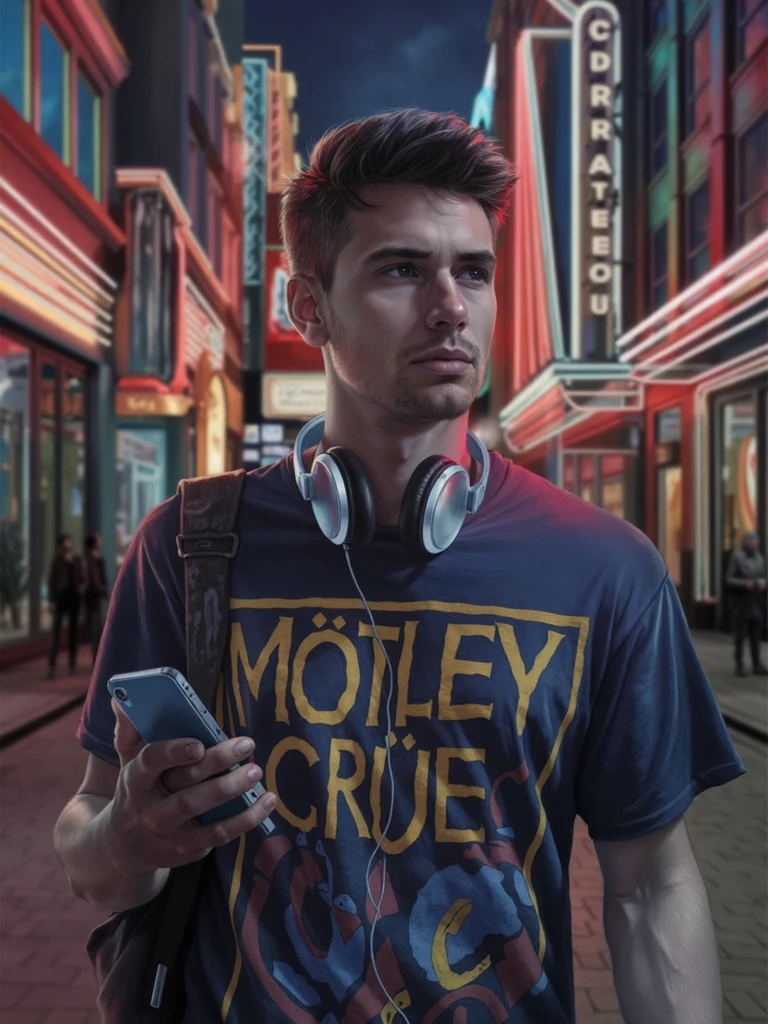 Create a cinematic picture of a Generation Z Dude wears a T-Shirt with Text "Mötley Crüe" on it and wears a cordless blue tooth headphones and brings a Sophisticated Smartphone, Walking at neon lights city streets, epic masterpiece of Don Lawrence realistic oil on canvas painting, trending on arstation