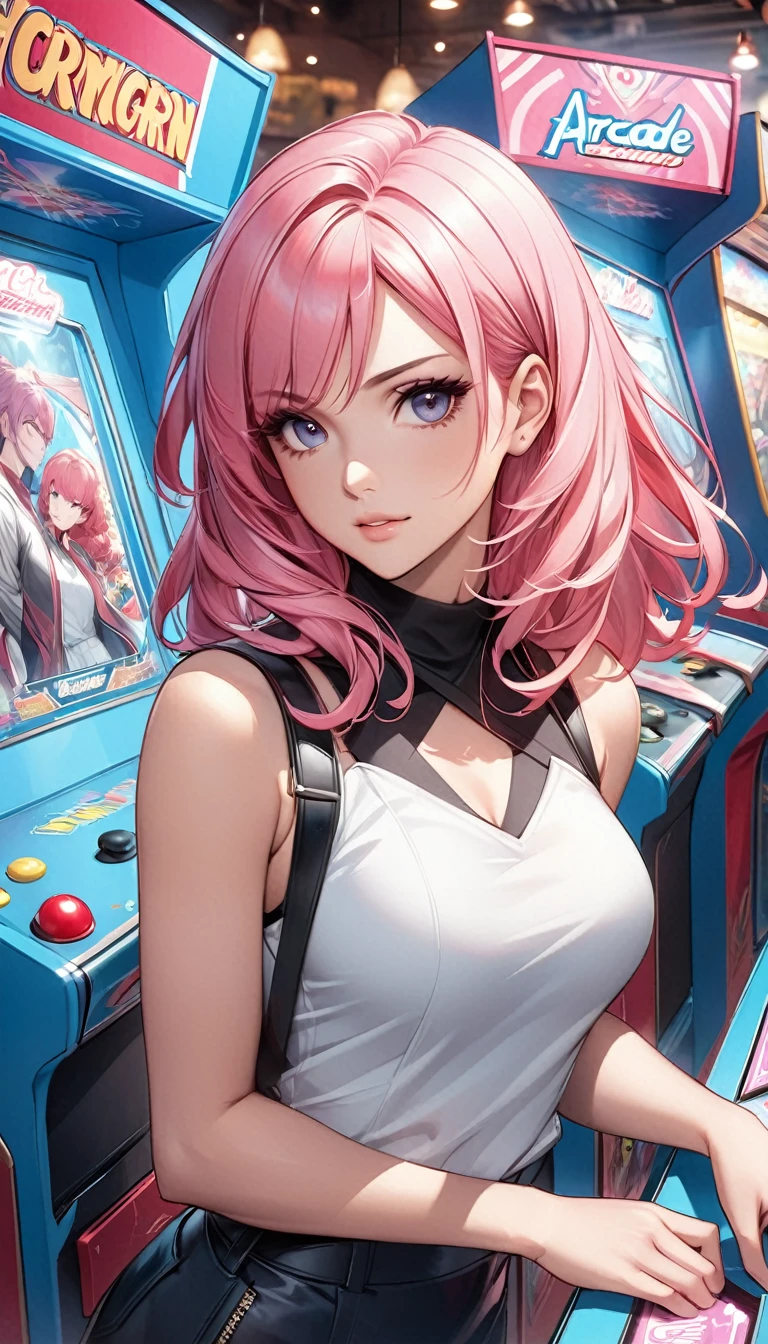 Misato Katsuragi with pink hair at the arcade, stunning anime art by artgerm, 8k
