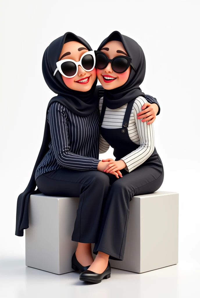 there are two women taking a studio photo. the woman on the left is sitting on a white block stand wearing a black hijab, a navy vertical striped shirt, and black pants with her right leg crossed over her left leg. and wearing white framed sunglasses with black glass in a pose hugging the woman next to her from the side
and the woman on her right is sitting on a white block shorter than the woman on her left, wearing a black hijab, black overall pants and a white shirt with black stripes, wearing sunglasses with a pose showing her teeth
change in cartoon disney animation