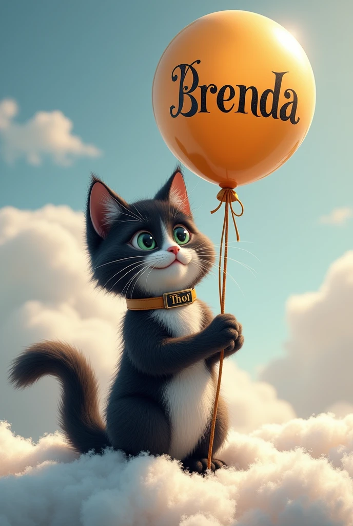 Cute black and gray tabby cat, with a hairy tail, with a collar that says Thor, on leash , sitting on a fluffy white cloud ,holding a balloon with the name Brenda ,in luxury letters 