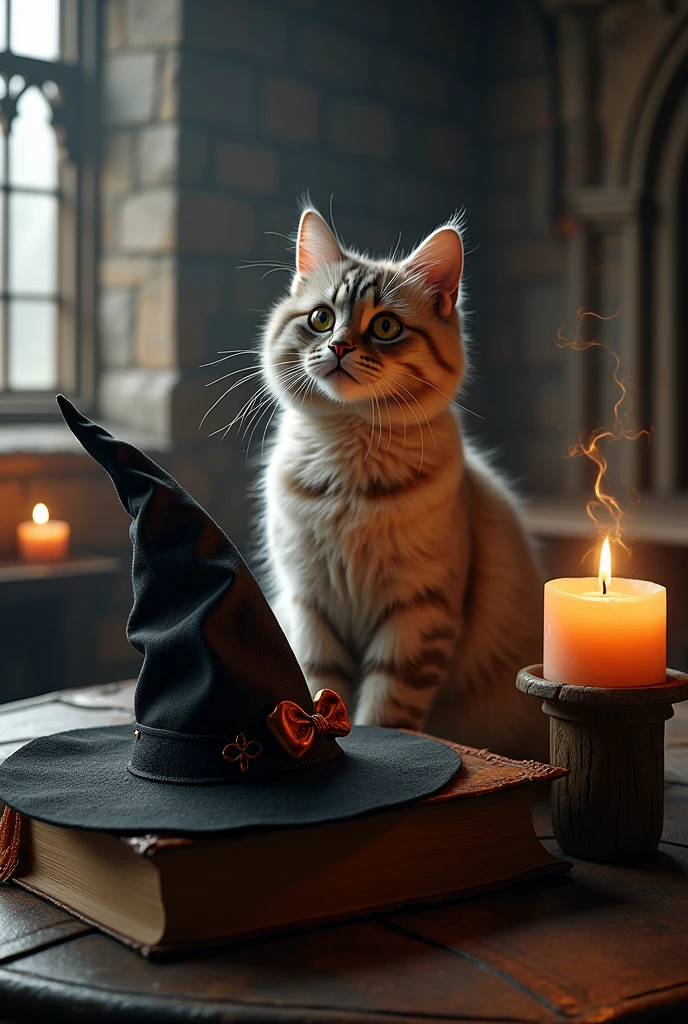 A high-resolution photo in a realistic style featuring a lifelike cat in a Halloween setting with Hogwarts-inspired elements. The scene includes a witch’s hat, floating candles, and a magic spellbook, all within a Gothic architecture backdrop. The atmosphere is mysterious with dark, moody lighting and magical elements, creating a true-to-life depiction of the cat.