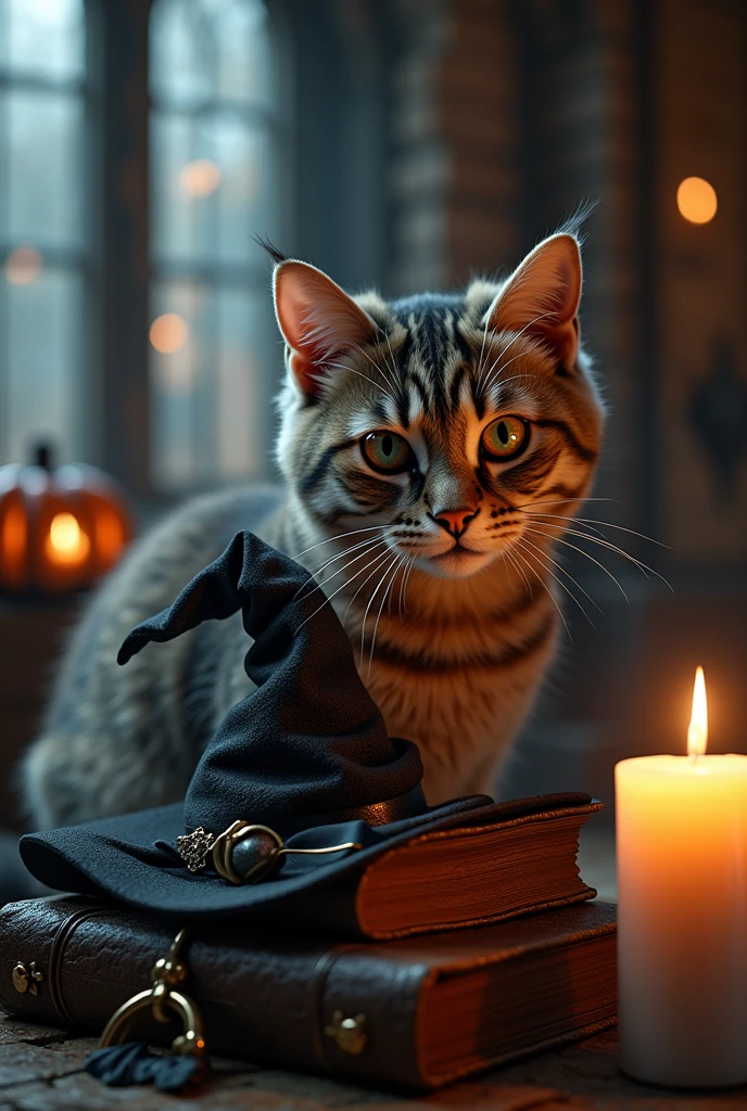 A high-resolution photo in a realistic style featuring a lifelike cat in a Halloween setting with Hogwarts-inspired elements. The scene includes a witch’s hat, floating candles, and a magic spellbook, all within a Gothic architecture backdrop. The atmosphere is mysterious with dark, moody lighting and magical elements, creating a true-to-life depiction of the cat.