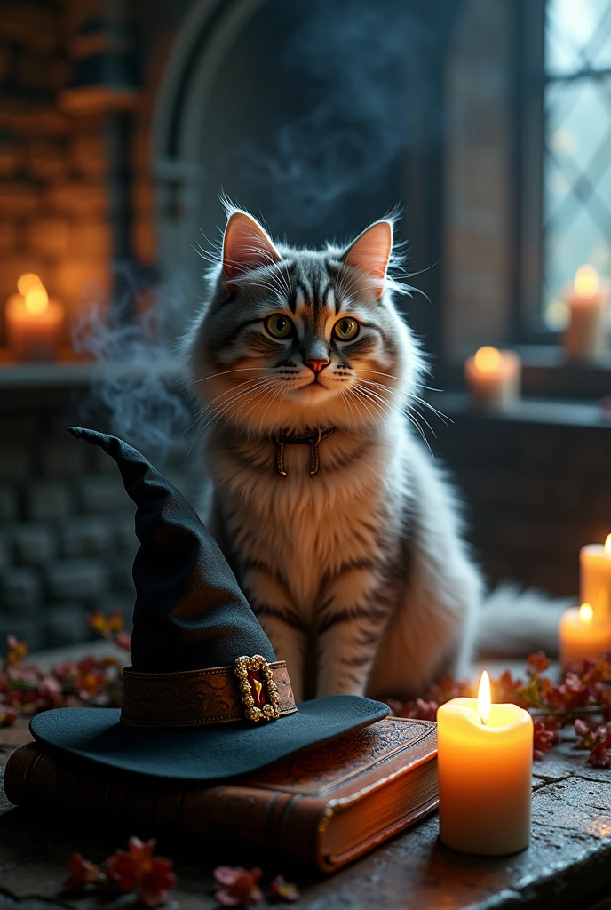 A high-resolution photo in a realistic style featuring a lifelike cat in a Halloween setting with Hogwarts-inspired elements. The scene includes a witch’s hat, floating candles, and a magic spellbook, all within a Gothic architecture backdrop. The atmosphere is mysterious with dark, moody lighting and magical elements, creating a true-to-life depiction of the cat.