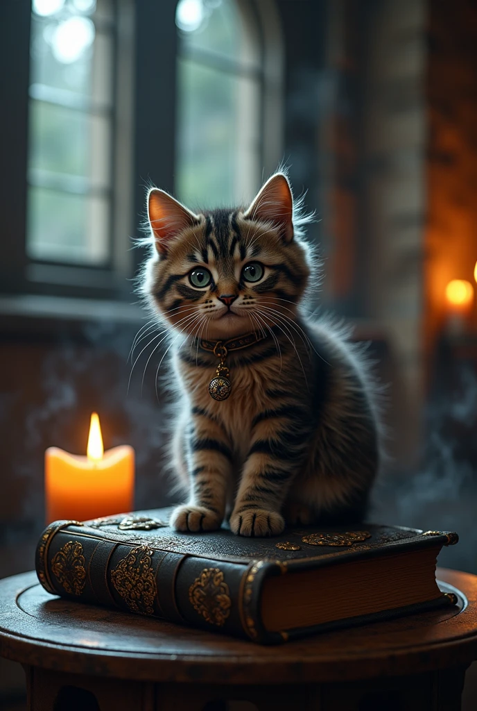 A high-resolution photo in a realistic style featuring a lifelike cat in a Halloween setting with Hogwarts-inspired elements. The scene includes a witch’s hat, floating candles, and a magic spellbook, all within a Gothic architecture backdrop. The atmosphere is mysterious with dark, moody lighting and magical elements, creating a true-to-life depiction of the cat.