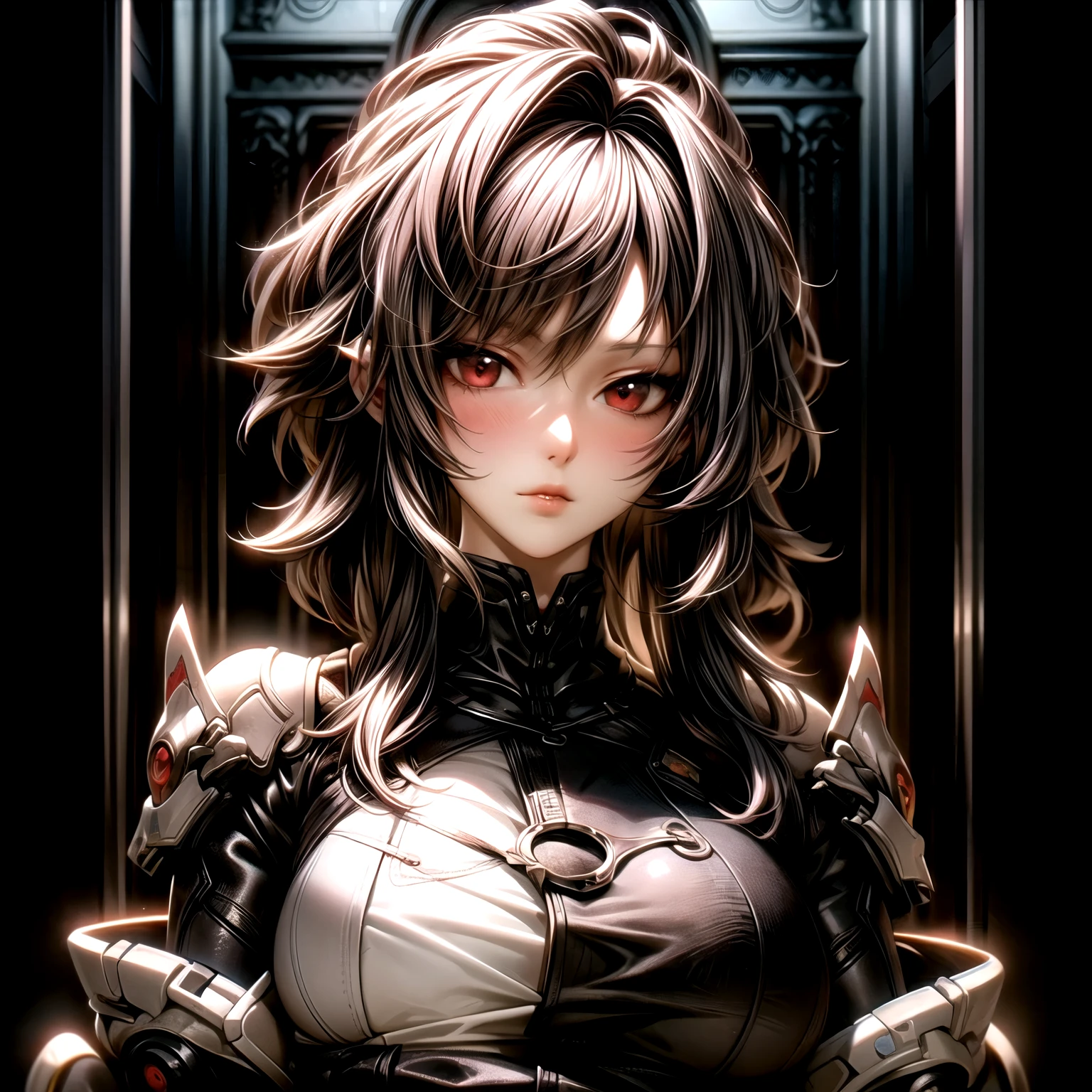 (best quality)), ((Masterpiece)), (details:1.4), 3d, HDR (high dynamic range), an image of a beautiful cyberpunk female, Hips up, cyberpunk, Red hair, Curtain Bangs, beautiful Red eyes, จมูกโด่ง, ปากแดง, หน้าอกใหญ่, nvidia RTX, PBR surface, After processing, Anisotropic filtration,depth of field, Maximum clarity and clarity, multi-layered surface, Subsurface scattering, perfect proportions, 8K raw files, ultra detailed, Perfect proportions, volumetric lighting, soft lighting, Holy Paladin, Heavy Black Armor, glossy skin, Chapel background, jewely, ต่างหู, นิ้วมือสมบูรณ์,