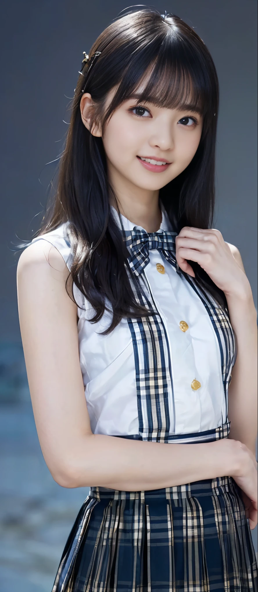 (Highest quality, masterpiece:1.2), Highest quality, Realistic, photograph, High resolution, 1080P, 8k, Physical Rendering, ((height: 155cm、Slim and slender style、medium firm chest)), ((((((A beautiful fashion model featured in a Japanese fashion magazine、Look directly at the viewer)))))), (((big, Very fine, Beautiful dark brown eyes))), ((((Everyone loves me、They are Laughter at me.!)))), Detailed fingers, (((length, Curled bangs))), ((((Very noble and cute eyes, Every detail is carefully drawn)))), ((double eyelid)), (((length eyelashes))), ((cute、Adorable、Adorable、Laughter、Laughter頬)), ((Pure white light hits my nose and cheeks. Her eyes and the white skin of her face are beautifully white........)), (((((Her face is very expressive、With a noble smile。, so sweet, very smart))))), ((((A striking plain navy large school ribbon bow tie)))), ((((Beautiful long black hair blowing in the strong wind、Fluttering Hair)))), (((((((She rolled up her formal long pleated skirt, Blue and navy tartan check, ))))))), ((((The size is a bit small、When she lifts up her white sleeveless shirt with a gold emblem, she shows off her beautiful small breasts.、Full upper body nude)))), ((As elegant as a noble princess)), ((From before, Create a striking image showing off your breasts..))