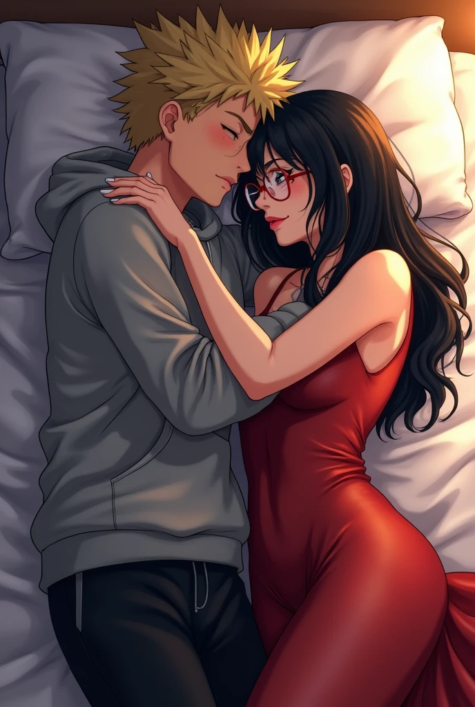 Bakugou from mha wearing a grey hoodie and a black sweatpants, and a girl with long jet black hair, with glasses, wearing a red long see through dress. laying in bed together while bakugou's face in pressed up against her neck.