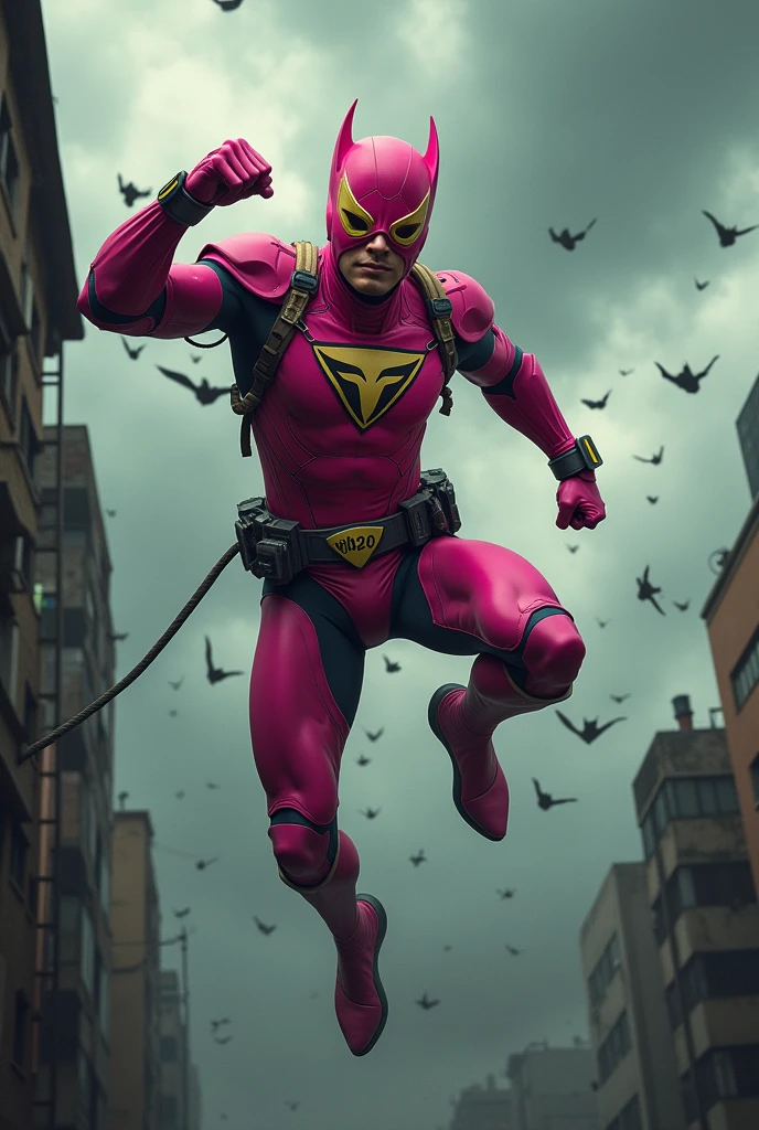 Malaysia man in high-tech suit, vivid effects, malaysian superhero (KELUANG MAN) in a striking pink and beige costume cyberpunk design, mask small mini bat ear beige, daredevil beige mask, jumpsuit dark pink stands confidently in a dramatic.jumping from high place.hero costume.one hand rise up. Big triangle logo on the chest.high detail Punisher logo on the chest. Fighting pose , stormy landscape. ((Head covered node guard like batman. Running pose , athletic body type, small mini ear bat mask))The character wears domino mask a helmet with pointed mini torn ears and a flowing cape biege, open nose and mouth. Equipped with visible futuristic weapons on a belt,bullet proof jacket pink dark day.show fingers pose, dark night, big supermoon effect . Small logo on chest triangle shape small punisher logo center(( skull triangle Casey Jones mask shape logo)) center on chest pink logo mini logo . rocky. Building top.smoke ground , hand fired with gun , bomb effect background, losse pants, losses costume.adding to --ar 3:4 --style raw --stylize 500 --v 6.1. chaos. Lot of small flying bat. One leg on the high stone. Man. Wear hologram watch.. Real man age 40 year old. One hand holding belt.one hand holding black rope hanging on building. Big pant pink. Beige cape joodie.(( Loose pant)) , jump on high building)marvel , X-Men((. Hand holding two gun.))(( gun glowing hot metal))