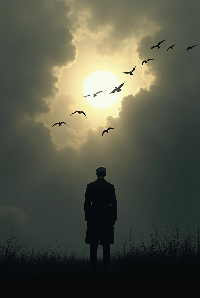 Black silhouette of classic man watching the sun between clouds of gloomy gray sky and a flock of birds flying in the sky Make the scene realistic