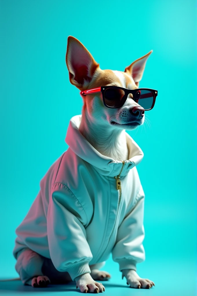 The best cell phone wallpaper, Award-Winning Wallpaper, portrait photography, In the front view is a portrait of a cute dog wearing mid-1960s space age fashion, Side view photo, Shot with Canon EOS R5, Set a strong contrast that accentuates the subject, Fluorescent blue tone, Wearing a very modern coat and sunglasses is a modern 1960s style, Clothes all in one color, beautiful background