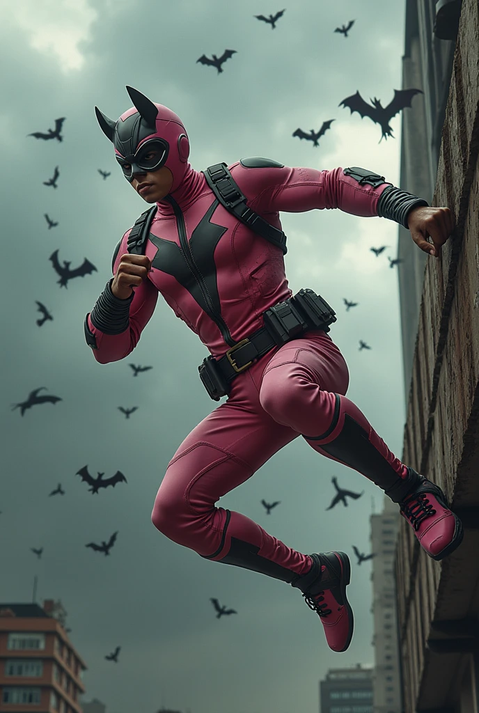 Malaysia man in high-tech suit, vivid effects, malaysian superhero (KELUANG MAN) in a striking pink and beige costume cyberpunk design, mask small mini bat ear beige, daredevil beige mask, jumpsuit dark pink stands confidently in a dramatic.jumping from high place.hero costume.one hand rise up. Big triangle logo on the chest.high detail Punisher logo on the chest. Fighting pose , stormy landscape. ((Head covered node guard like batman. Running pose , athletic body type, small mini ear bat mask))The character wears domino mask a helmet with pointed mini torn ears and a flowing cape biege, open nose and mouth. Equipped with visible futuristic weapons on a belt,bullet proof jacket pink dark day.show fingers pose, dark night, big supermoon effect . Small logo on chest triangle shape small punisher logo center(( skull triangle Casey Jones mask shape logo)) center on chest pink logo mini logo . rocky. Building top.smoke ground , hand fired with gun , bomb effect background, losse pants, losses costume.adding to --ar 3:4 --style raw --stylize 500 --v 6.1. chaos. Lot of small flying bat. One leg on the high stone. Man. Wear hologram watch.. Real man age 40 year old. One hand holding belt.one hand holding black rope hanging on building. Big pant pink. Beige cape joodie.(( Loose pant)) , jump on high building)marvel , X-Men((. Hand holding two gun.))(( gun glowing hot metal))