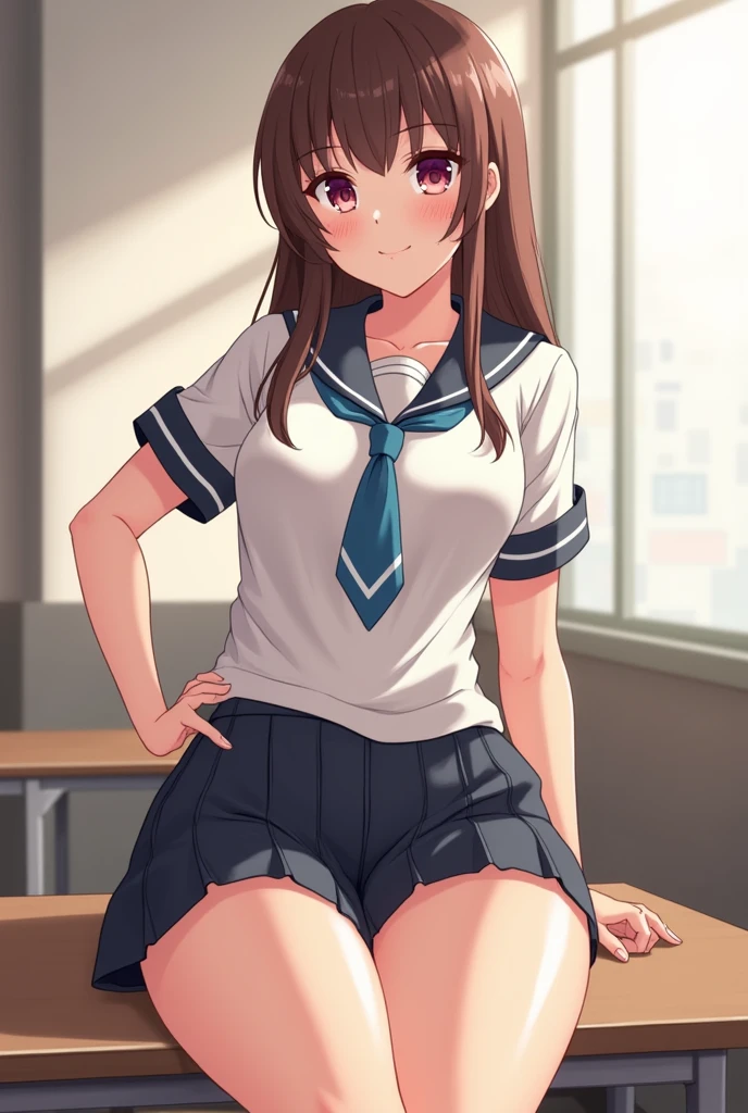 girl with big thighs and breasts ,shy ,アニメ, safada, without the blouse