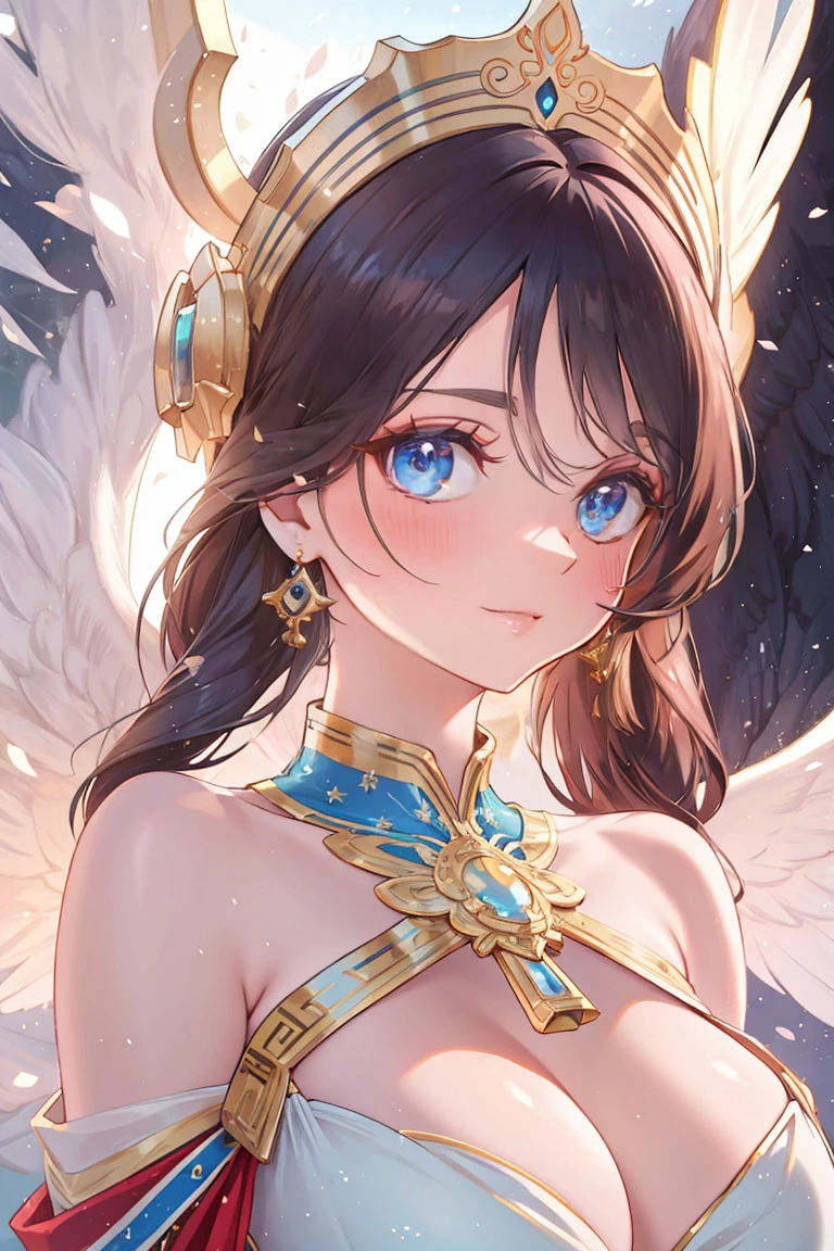 A beautiful young woman, a goddess of Aquarius, extremely detailed face and eyes, beautiful long eyelashes, delicate facial features, porcelain skin, natural flowing hair, elegant posture, serene expression, ornate headdress, delicate jewelry, flowing dress, ethereal wings, glowing aura, cinematic lighting, fantasy landscape, dramatic lighting, painterly style, vibrant colors, dramatic composition, (best quality,4k,8k,highres,masterpiece:1.2),ultra-detailed,(realistic,photorealistic,photo-realistic:1.37),intricate details,seamless,cinematic