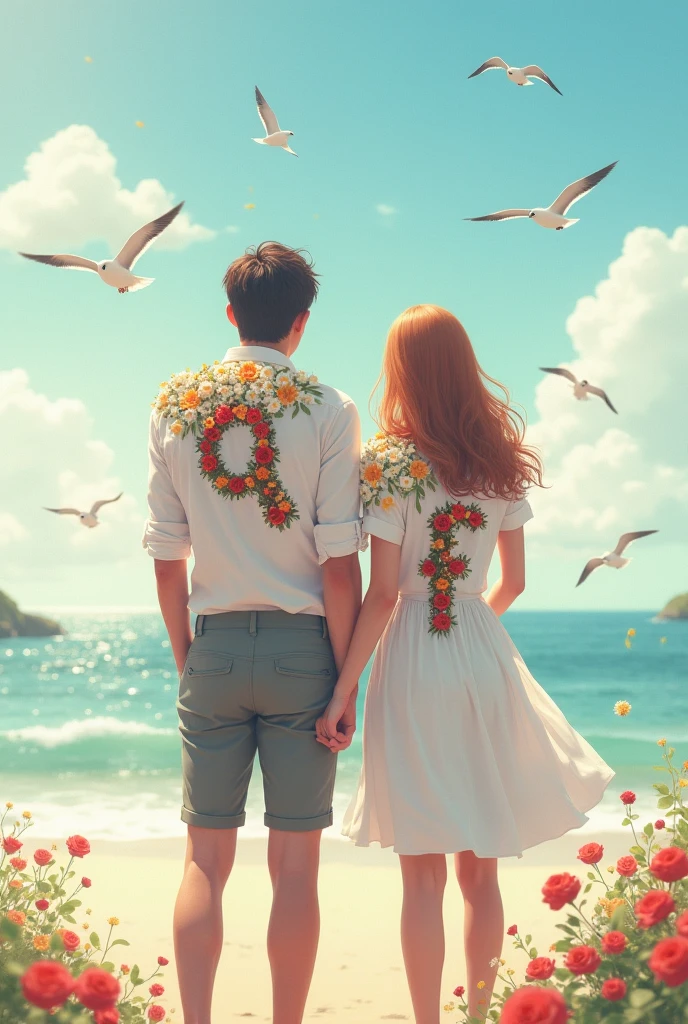 couple holding letter qand f at their shoulder written by flower at beach show only their back and birds zoom and beautiful