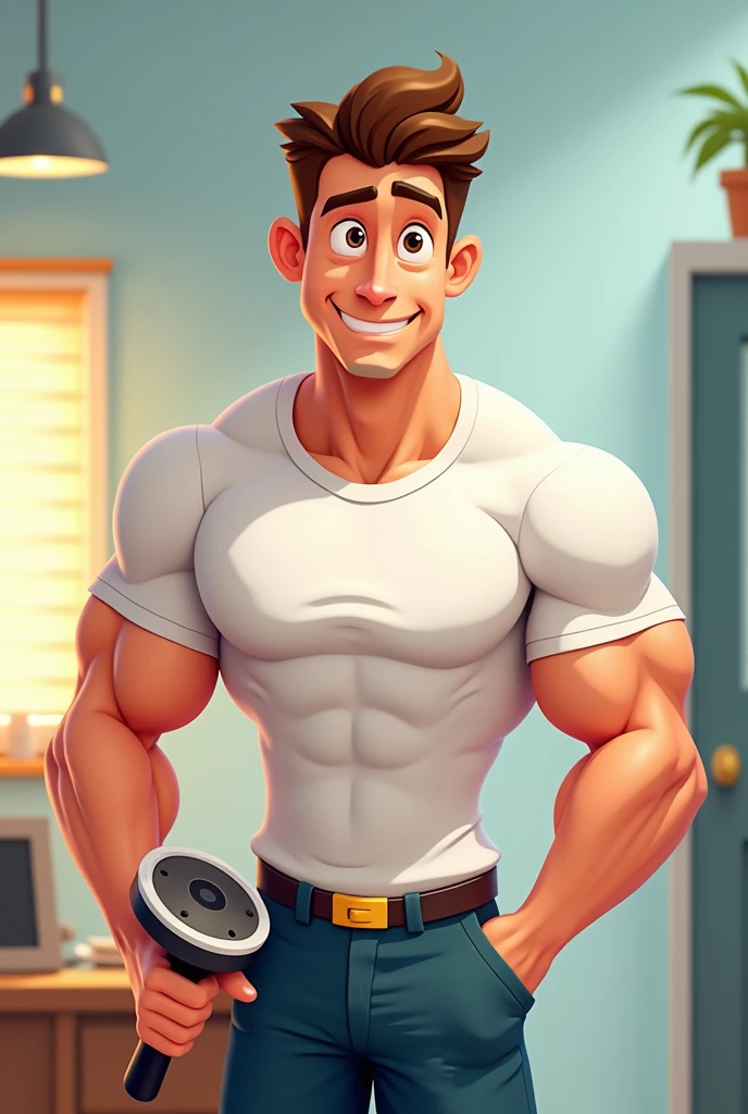 Cartoon of a muscular man wearing a shirt and holding a polisher in his hand