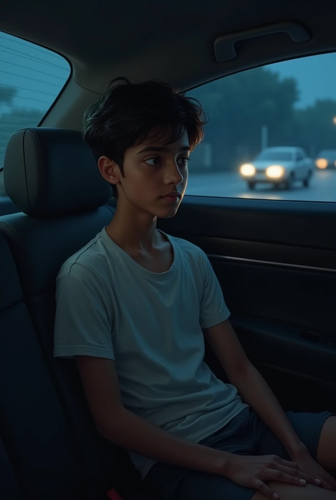 Indian teenage boy wears tshirt and shorts sitting on back seat of the car, at night, back seat of the car